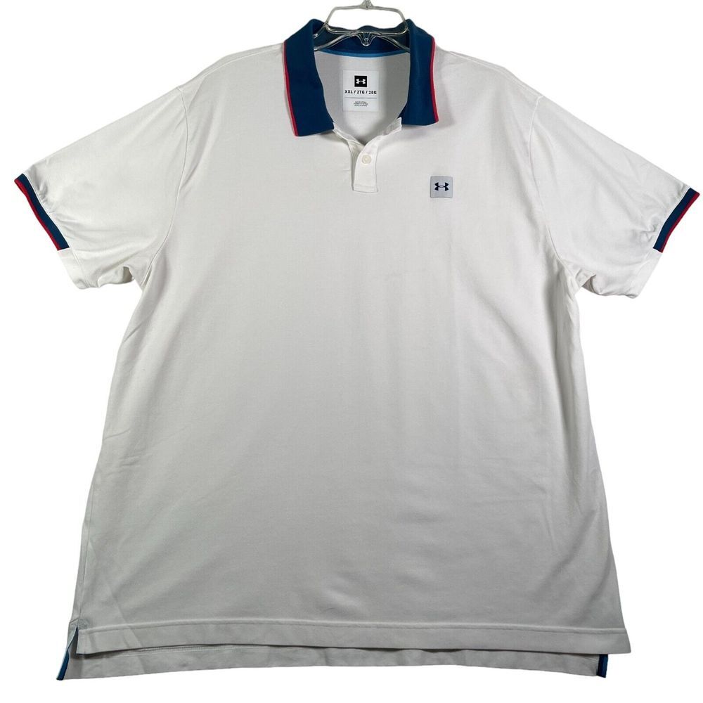 Under Armour Polo Shirt Mens XXL White UA Logo Golf Performance Short Sleeve